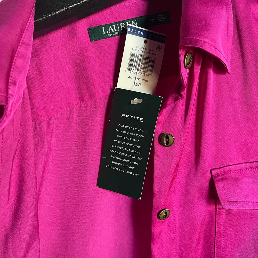 Petite size 12.. Lauren… Women… Hot pink.. Silk.. Shirt dress.. with belt.